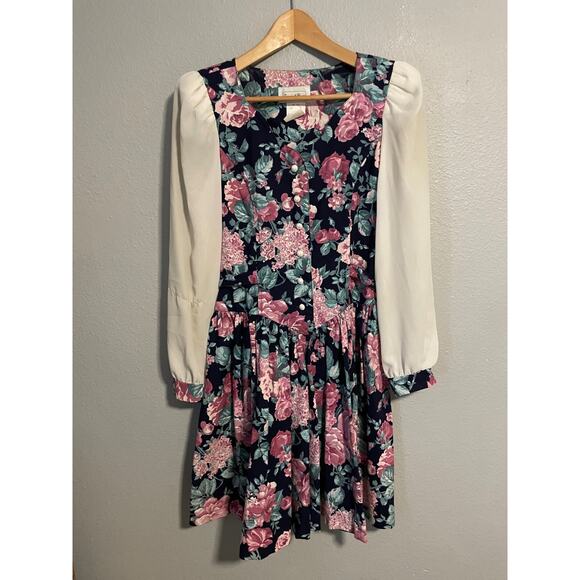 Vintage Especially Yours Juniors Dress Size 3 Floral Drop Waist Pleated Cottage - Picture 1 of 9